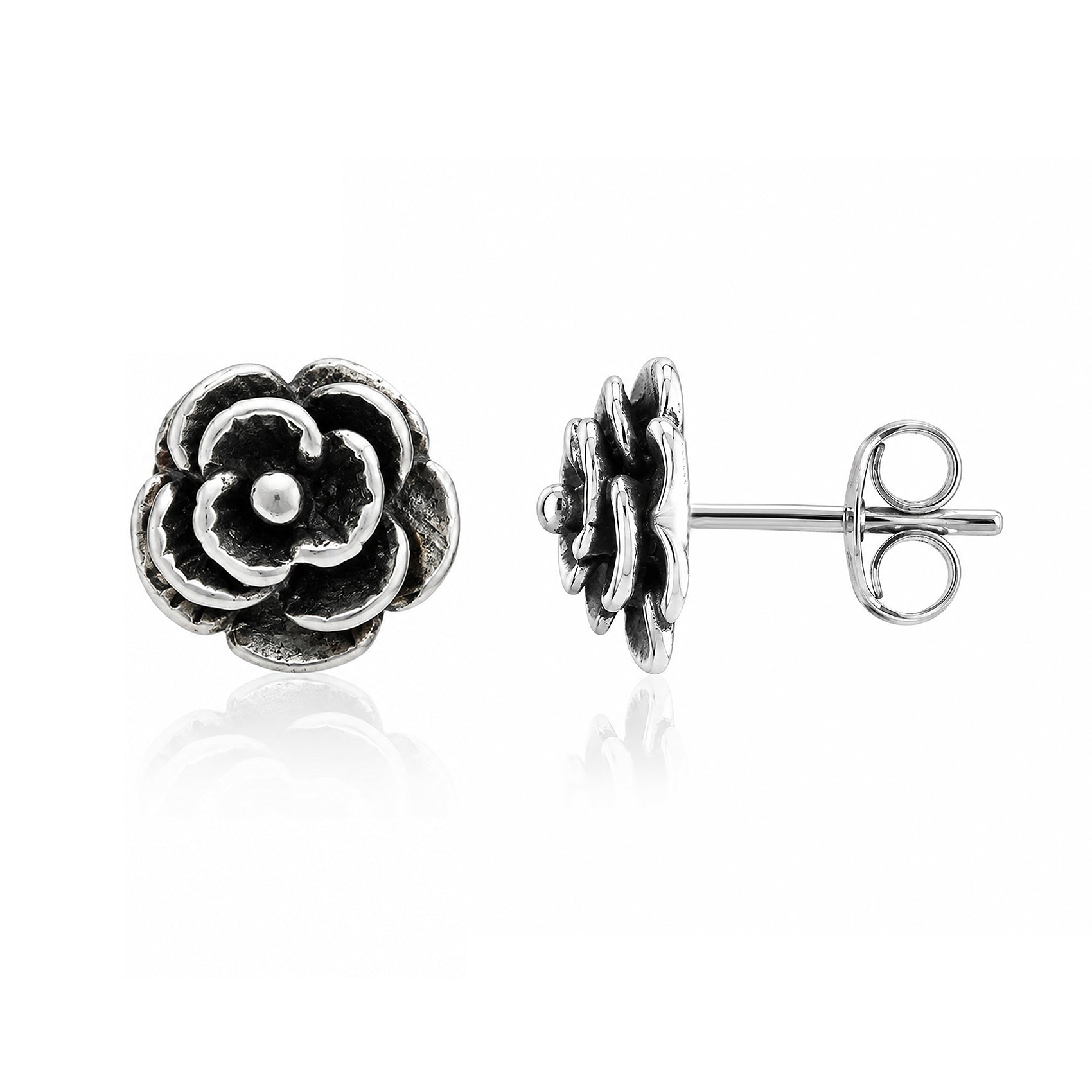 Vintage Blooming Rose Oxidized Silver Ear Studs