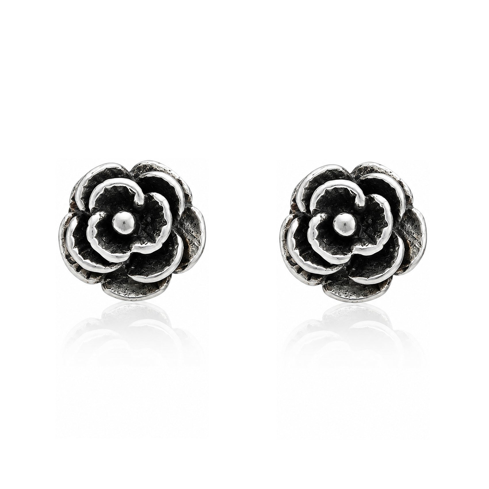 Vintage Blooming Rose Oxidized Silver Ear Studs