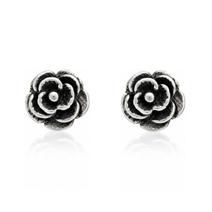 Vintage Blooming Rose Oxidized Silver Ear Studs