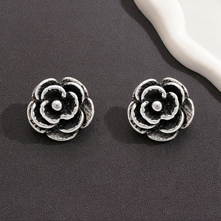 Vintage Blooming Rose Oxidized Silver Ear Studs