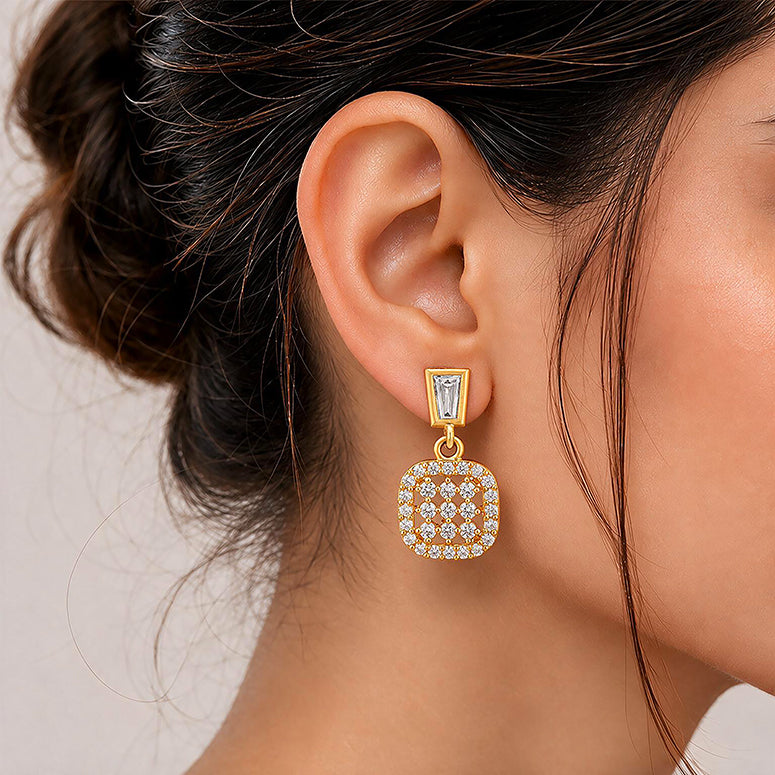 Vintage Cushion Lattice Gold Drop Silver Earrings