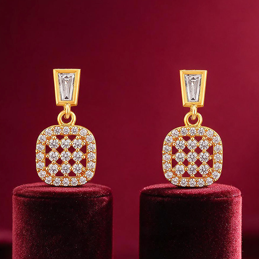 Vintage Cushion Lattice Gold Drop Silver Earrings