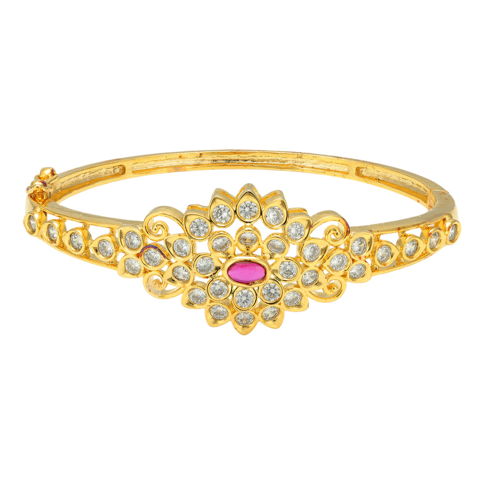 Vintage Elegance Red Centred Screw Kada 925 Gold Plated  White Stones