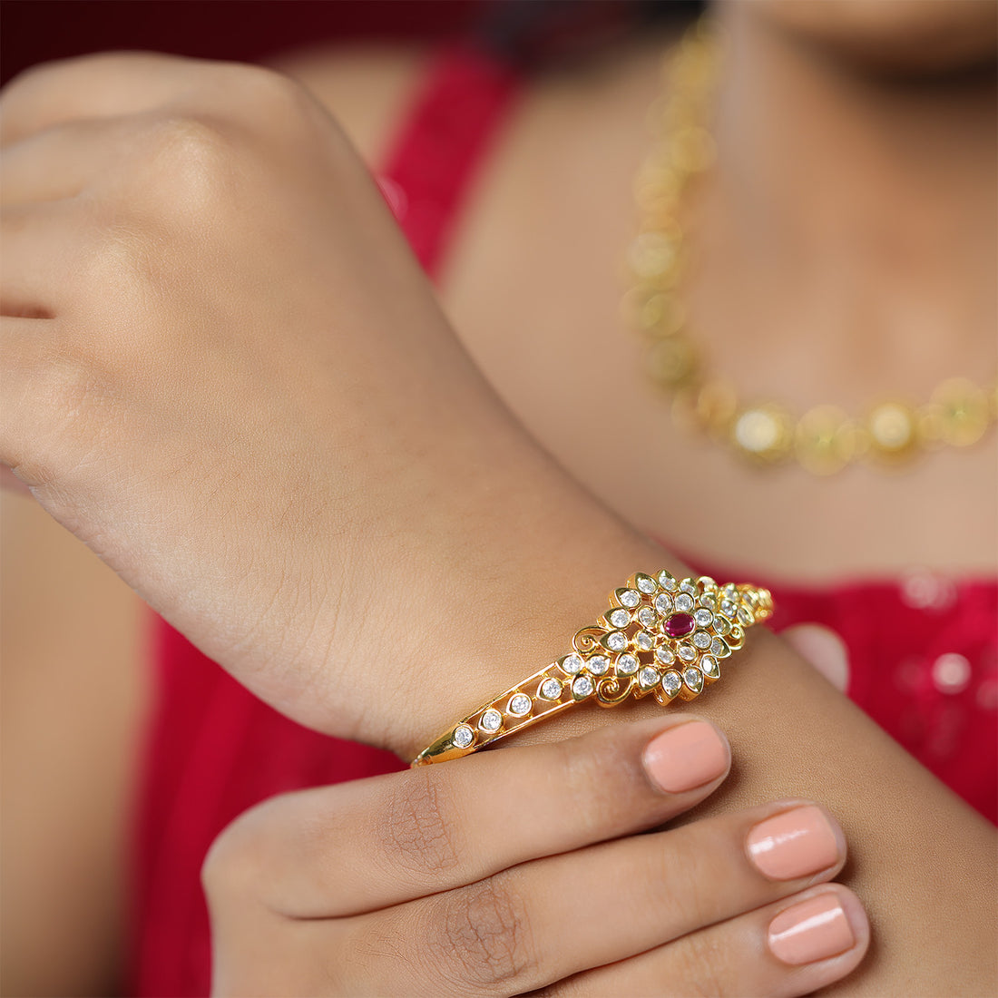 Vintage Elegance Red Centred Screw Kada 925 Gold Plated  White Stones