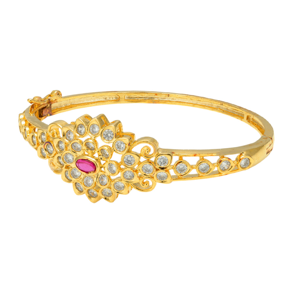 Vintage Elegance Red Centred Screw Kada 925 Gold Plated  White Stones