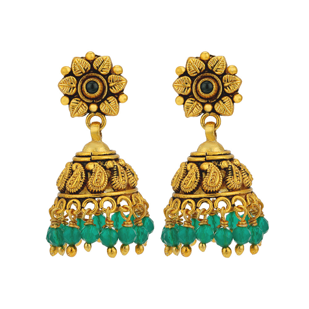 Vintage Floral Gold Plated Paisley Dome 925 Sterling Silver Green Drop Jhumka for Women