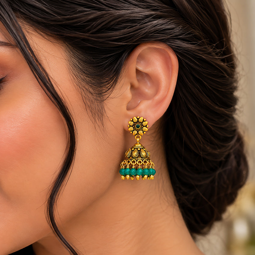 Vintage Floral Pattern 925 Sterling Silver Green Drop Jhumka for Women