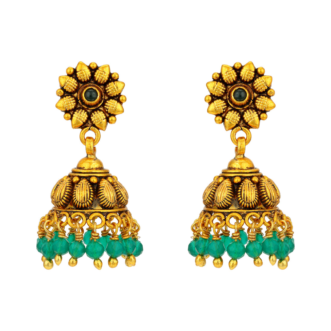 Vintage Floral Pattern 925 Sterling Silver Green Drop Jhumka for Women