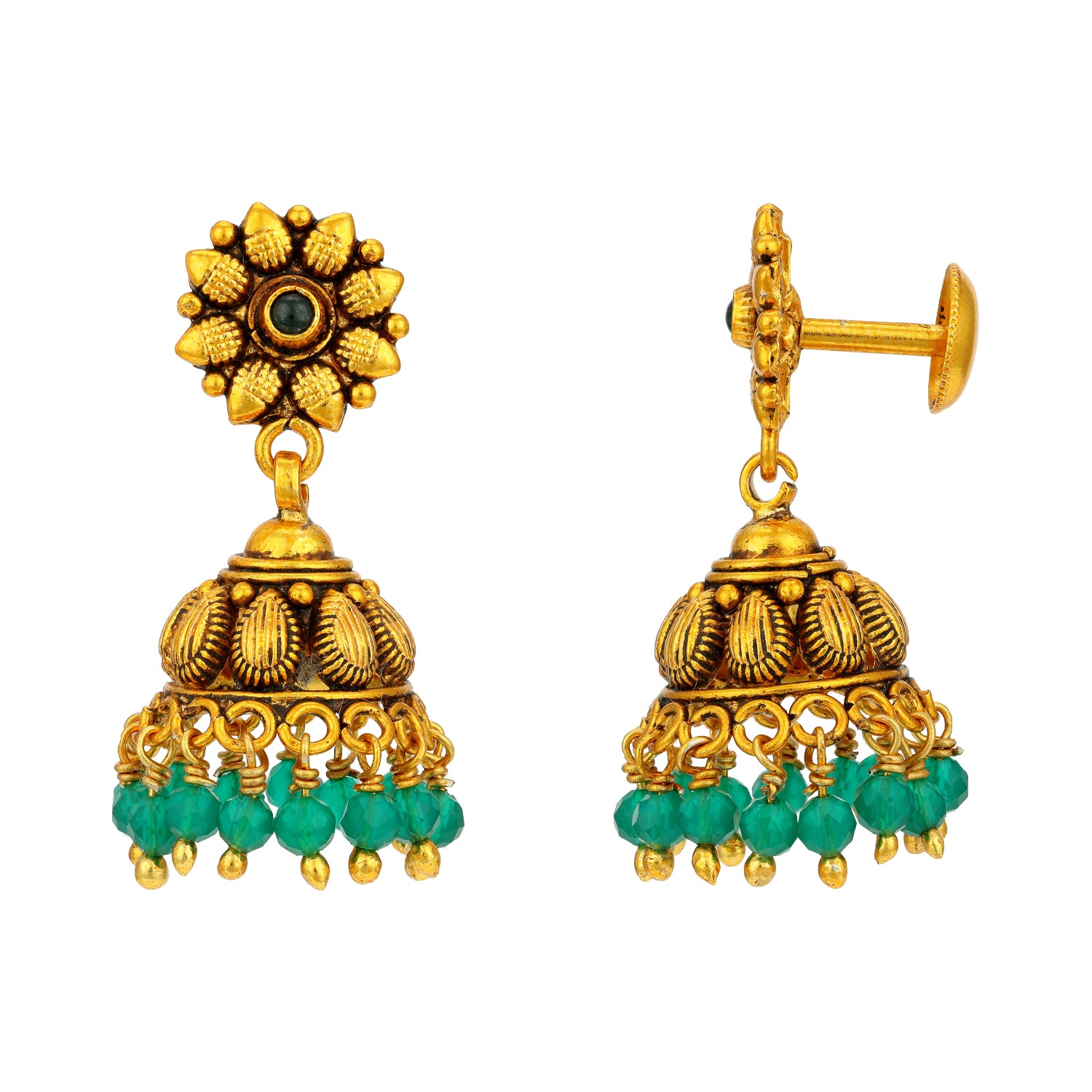 Vintage Floral Pattern 925 Sterling Silver Green Drop Jhumka for Women