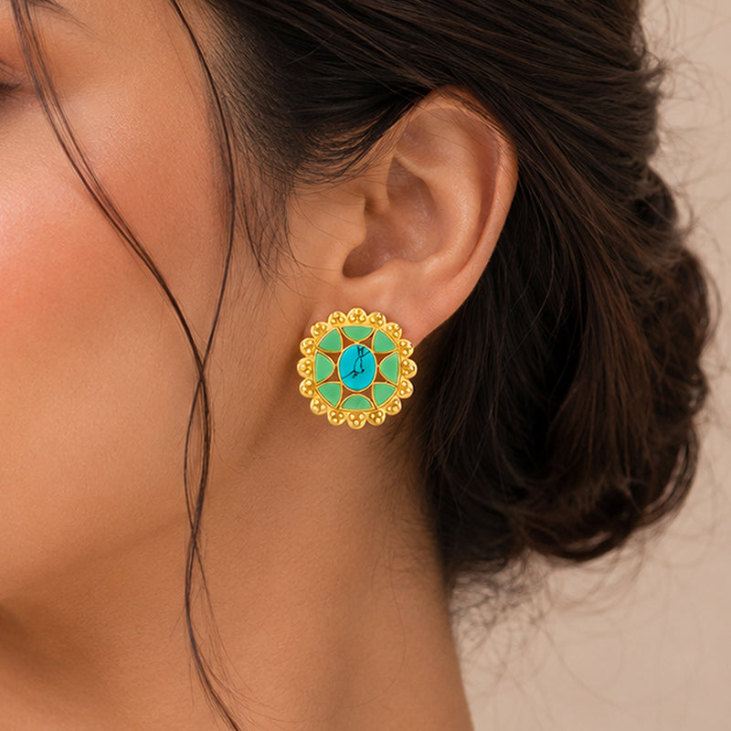 Vintage Gold Floral Turquoise Enamel Stud Earrings
