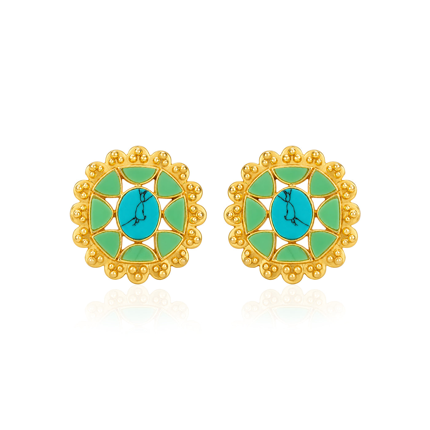 Vintage Gold Floral Turquoise Enamel Stud Earrings