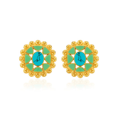 Vintage Gold Floral Turquoise Enamel Stud Earrings