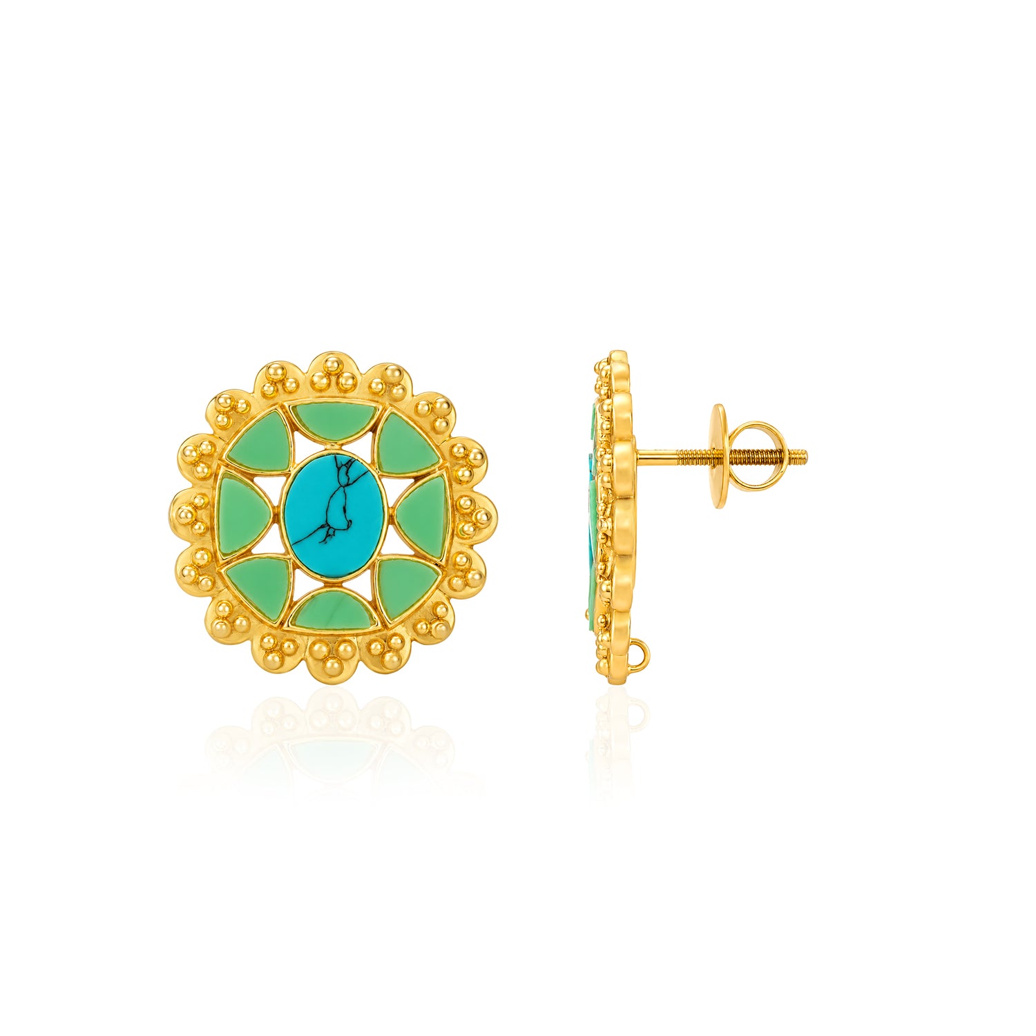 Vintage Gold Floral Turquoise Enamel Stud Earrings