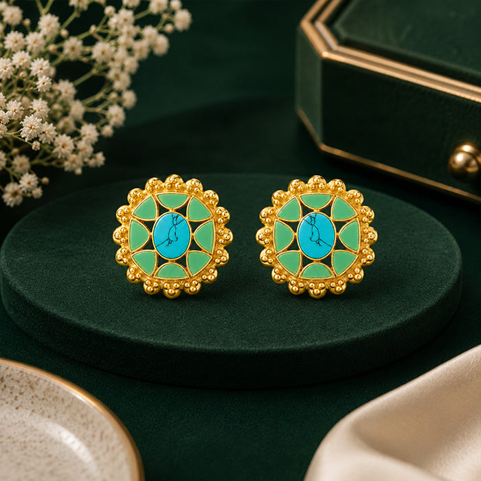 Vintage Gold Floral Turquoise Enamel Stud Earrings