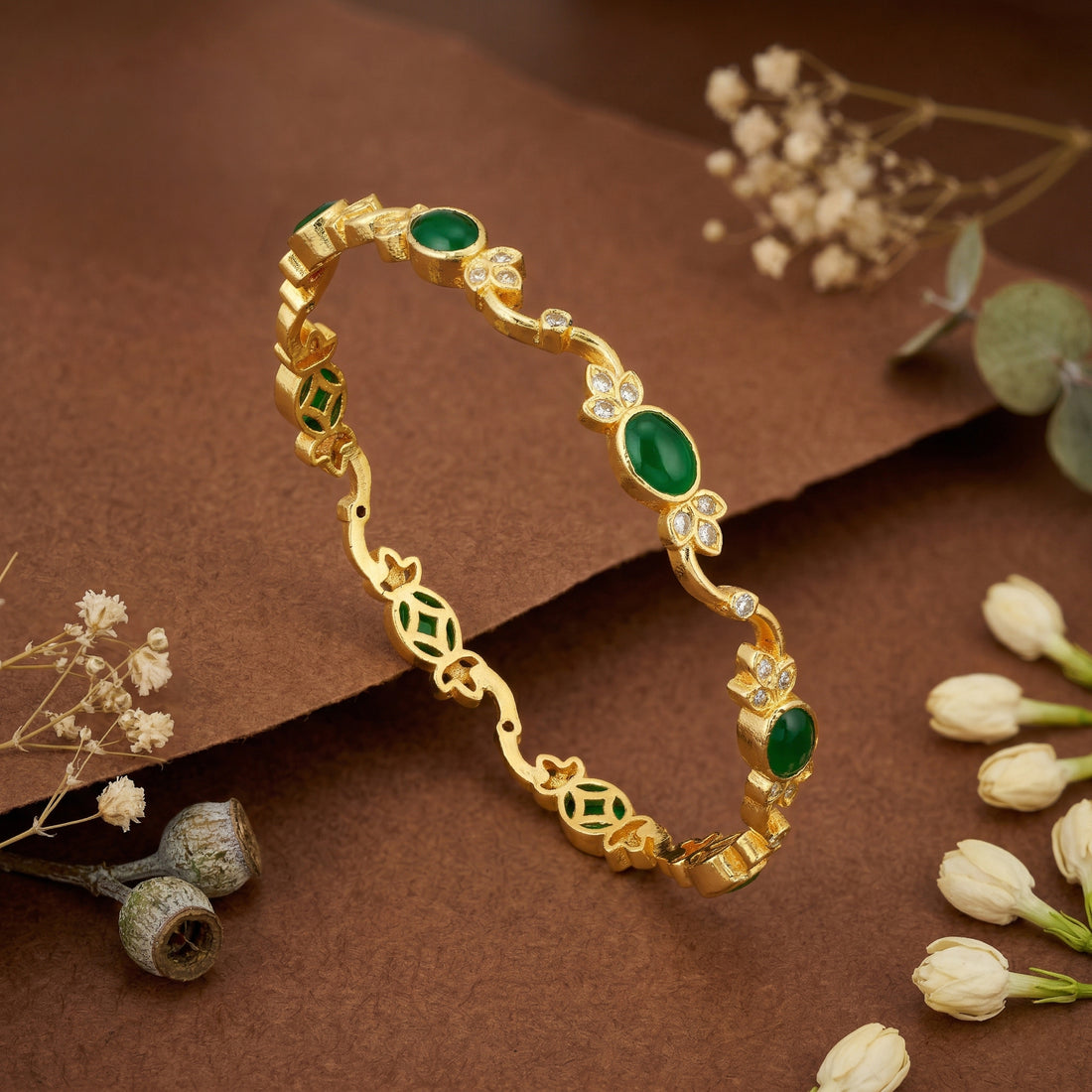 Vintage Gold Plated 925 Sterling Silver Green Stone Bangle for Women