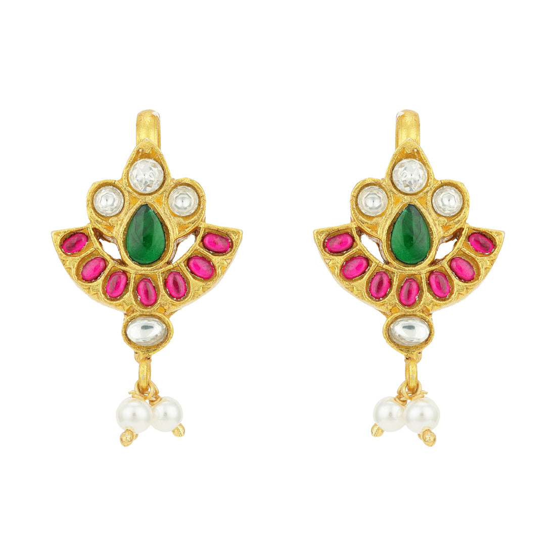 Vintage Gold Plated Green Teardrop Pink Stone Accent 925 Sterling Silver Pearl Drop Earring for Women