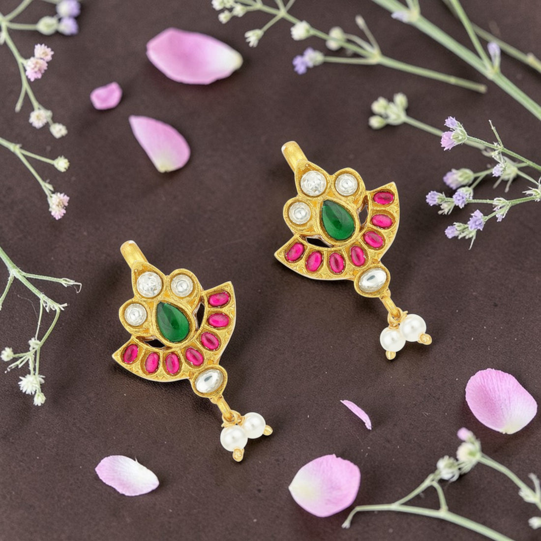 Vintage Gold Plated Green Teardrop Pink Stone Accent 925 Sterling Silver Pearl Drop Earring for Women