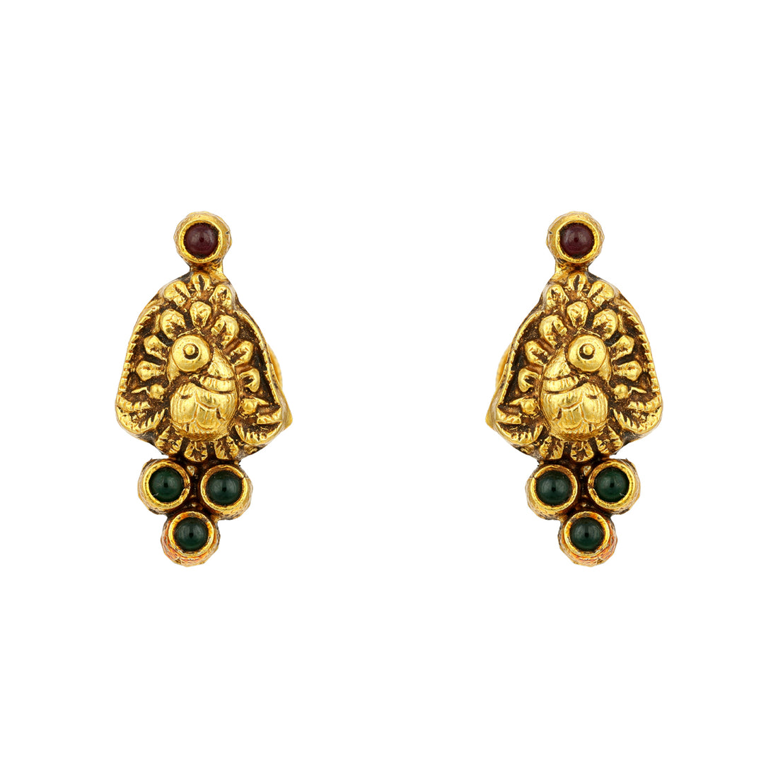 Vintage Gold Toned Peacock Motif 925 Sterling Silver Red Green Stone Earring for Women