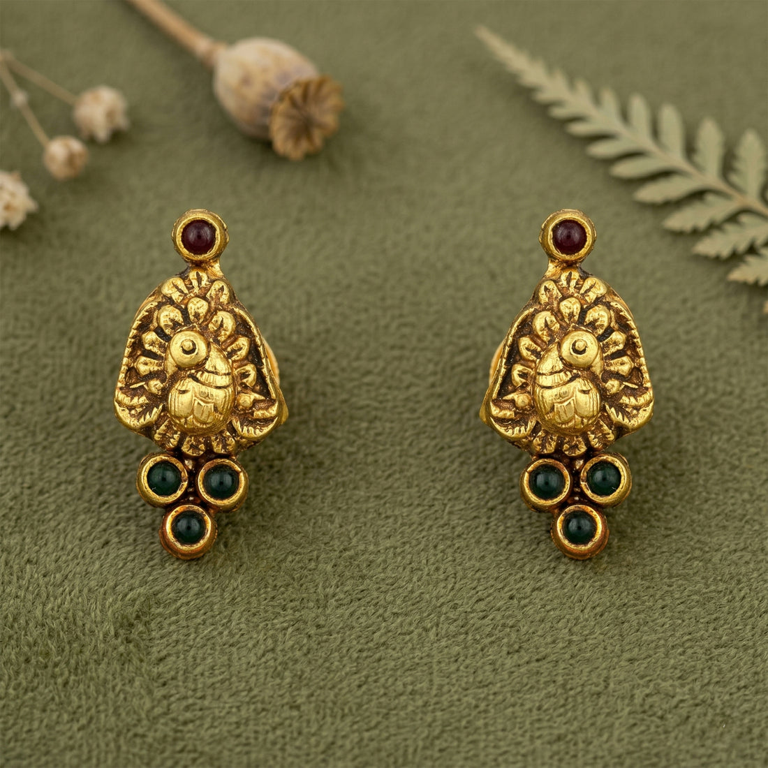 Vintage Gold Toned Peacock Motif 925 Sterling Silver Red Green Stone Earring for Women