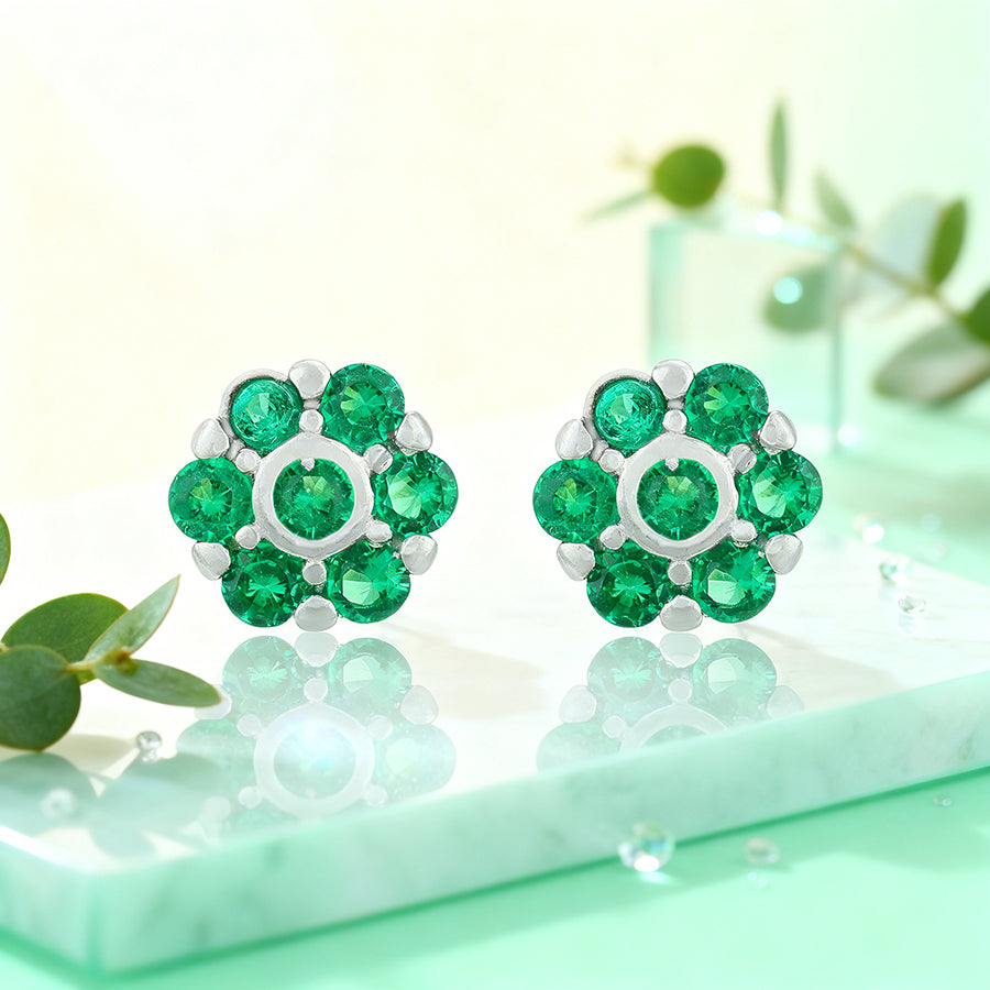 Vintage Green Flower 925 Sterling Silver Stud for Women