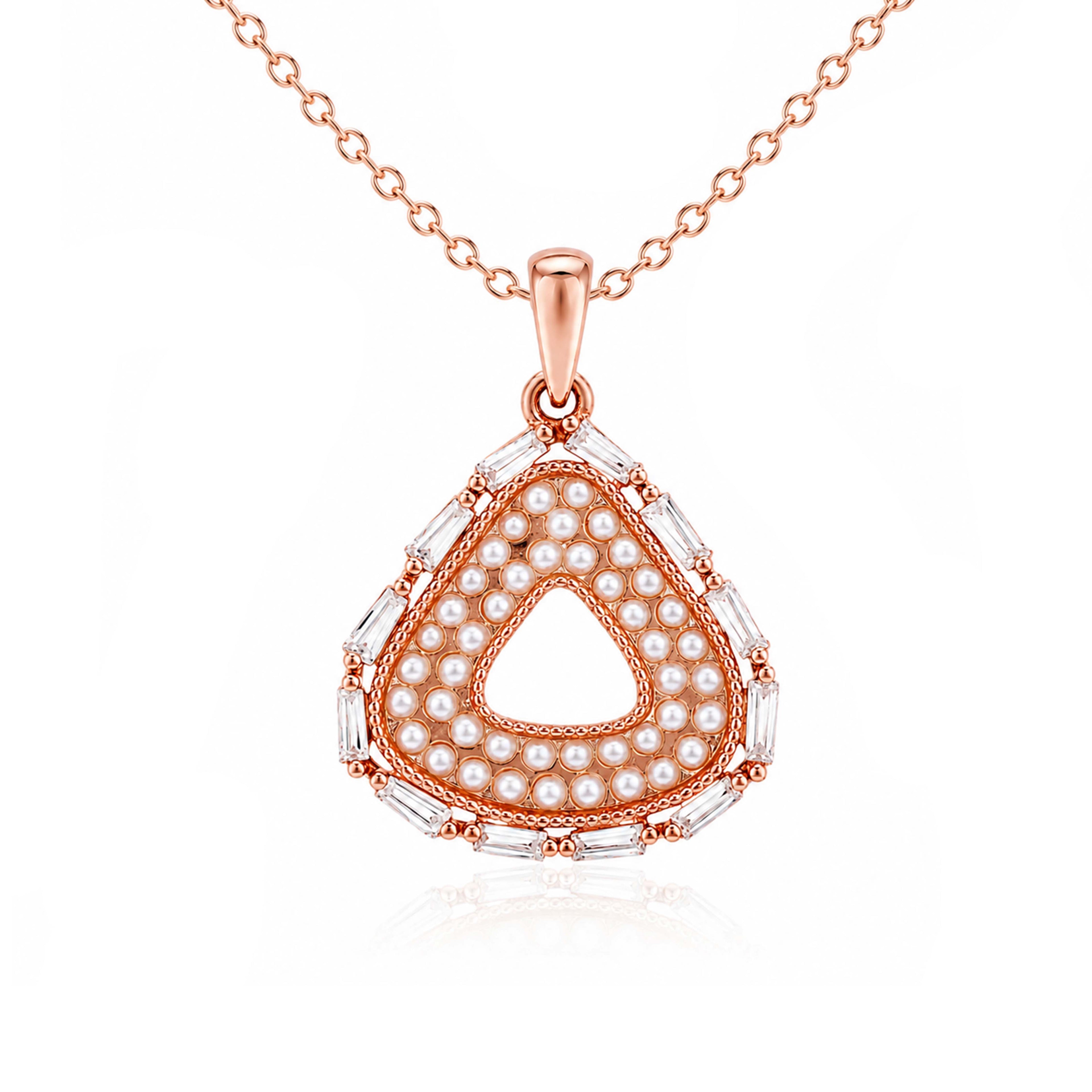 Vintage Halo Shield Pearl Baguette Rose Gold Pendant
