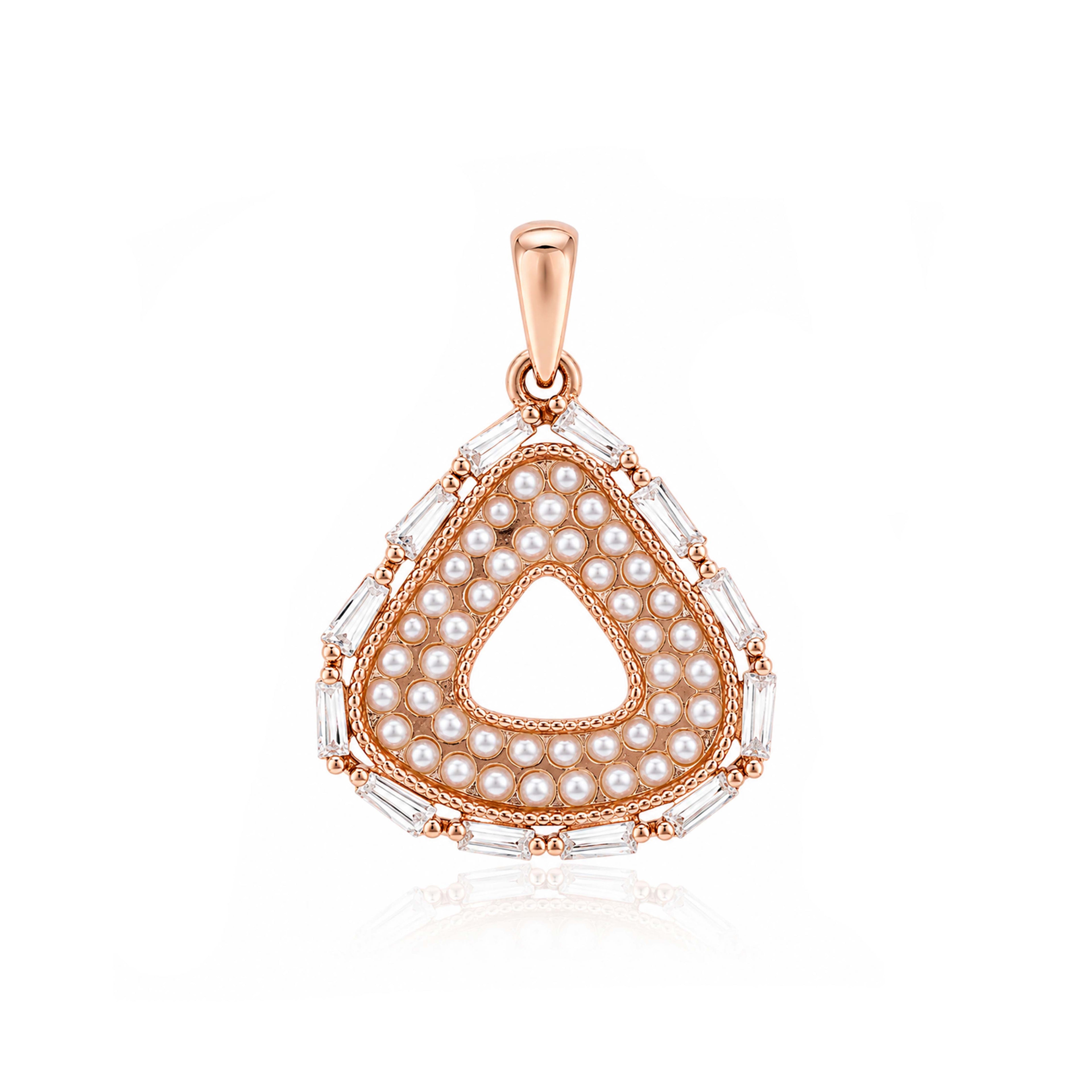 Vintage Halo Shield Pearl Baguette Rose Gold Pendant