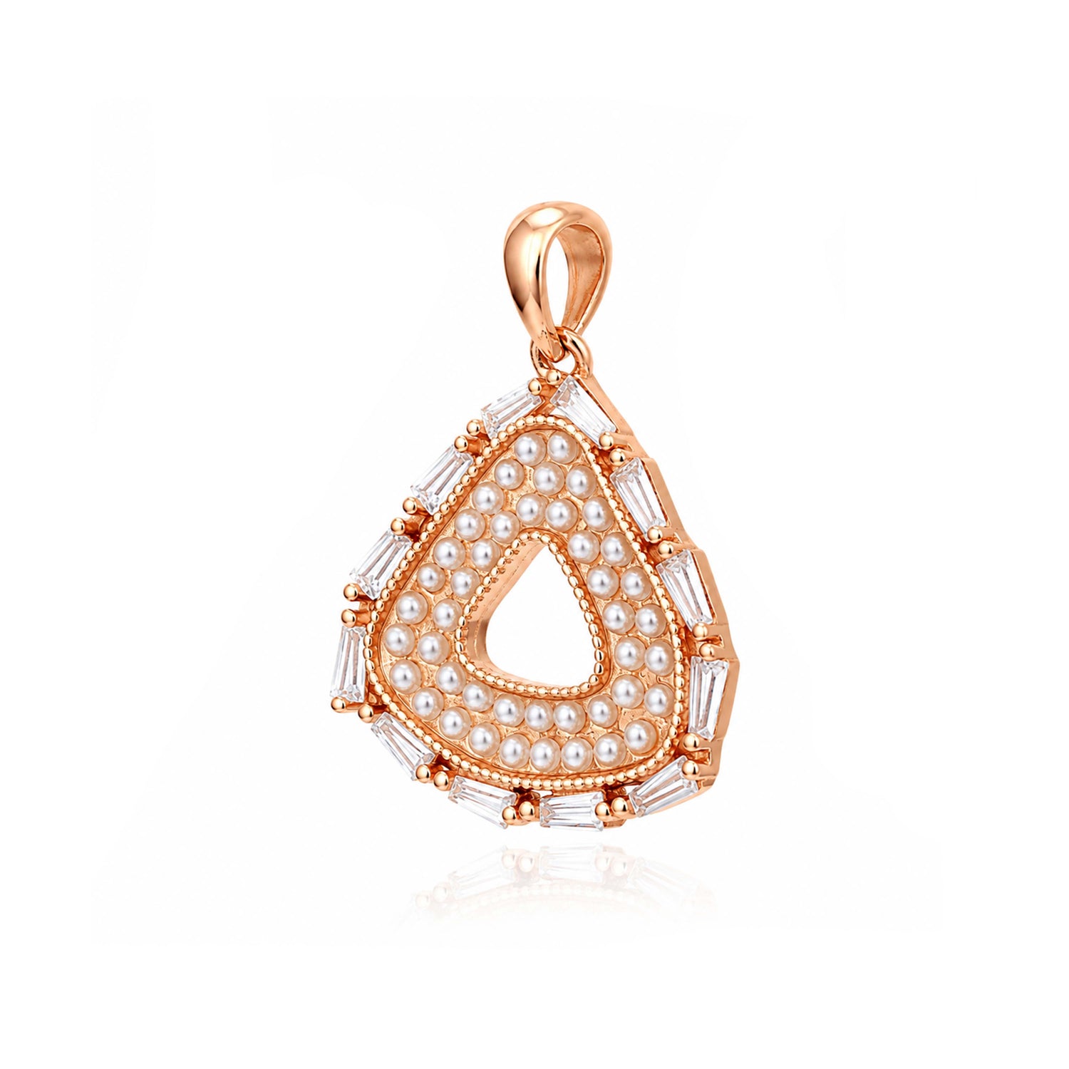 Vintage Halo Shield Pearl Baguette Rose Gold Pendant