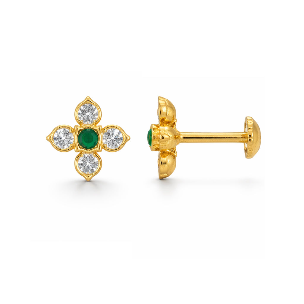Gold earrings with green gemstones and clear stones on a white background