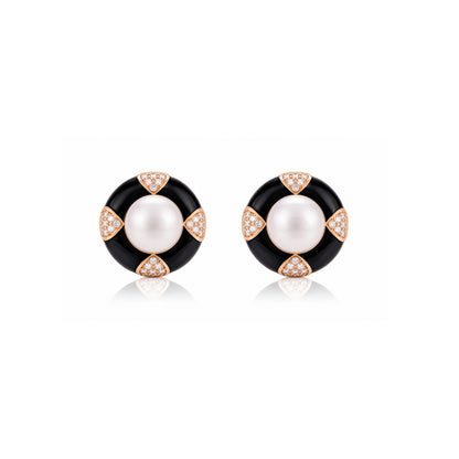 Vintage Pearl Black Enamel Silver Stud Earrings