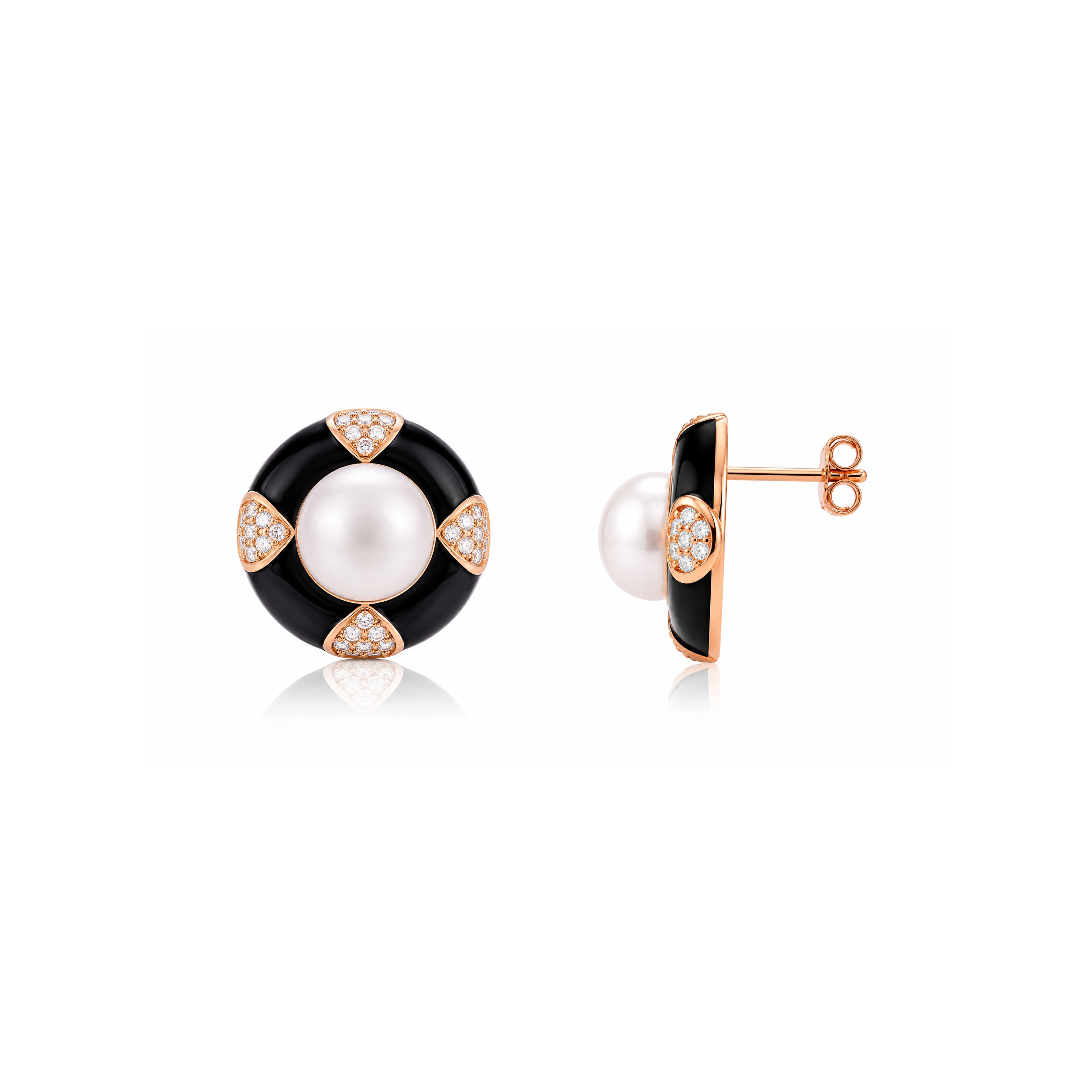 Vintage Pearl Black Enamel Silver Stud Earrings