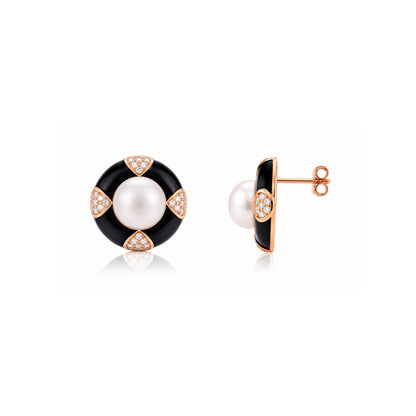 Vintage Pearl Black Enamel Silver Stud Earrings