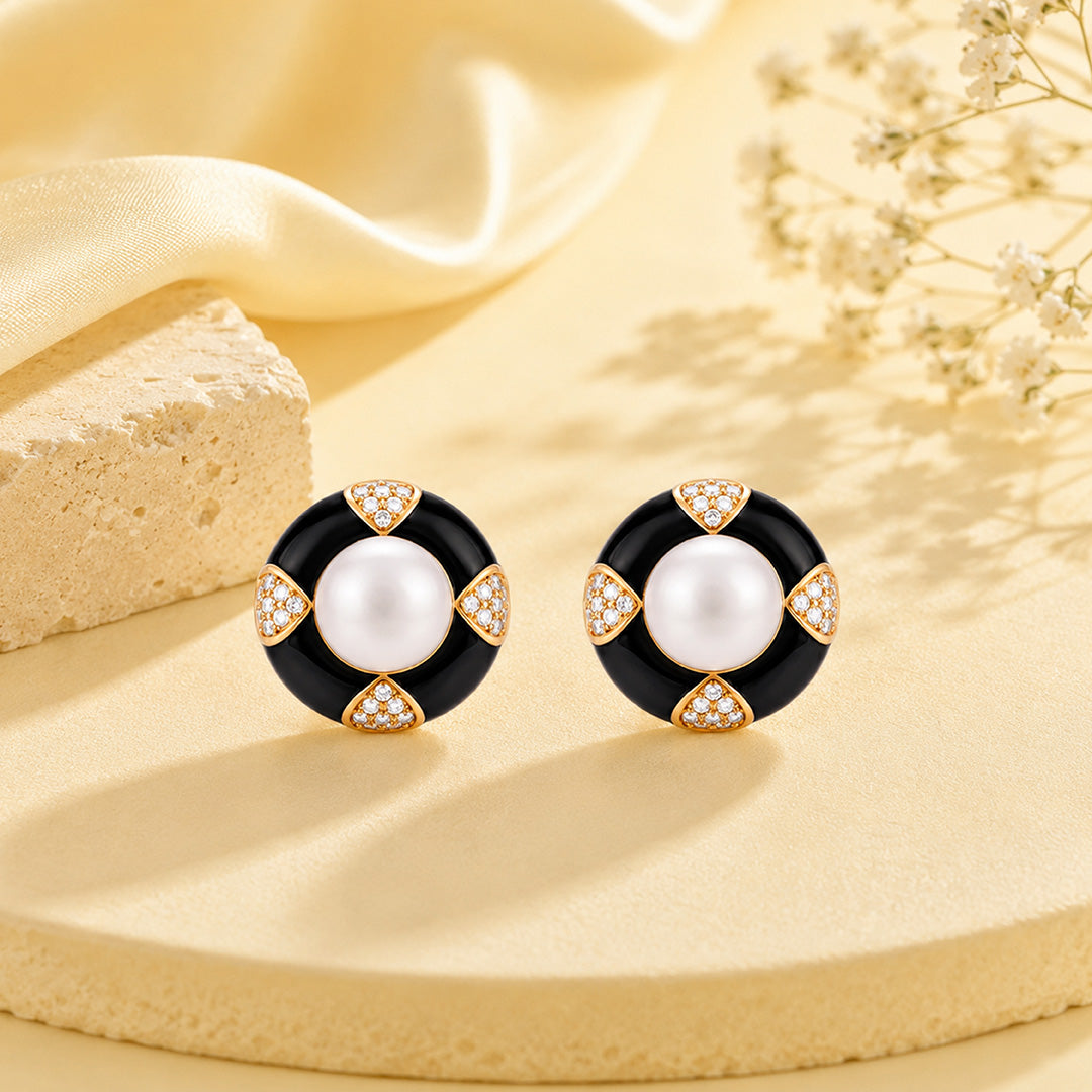 Vintage Pearl Black Enamel Silver Stud Earrings
