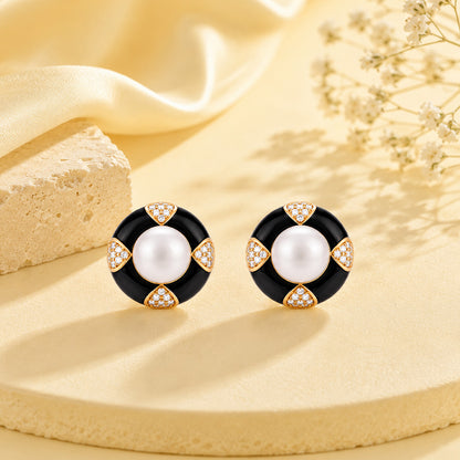 Vintage Pearl Black Enamel Silver Stud Earrings