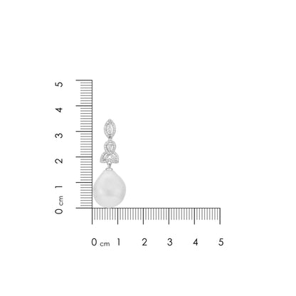 Jewelry earring with teardrop-shaped gemstone and measurement scale on a white background