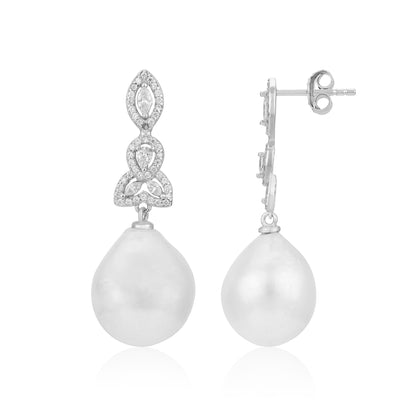 Pearl drop earrings with silver and gemstone accents on a white background