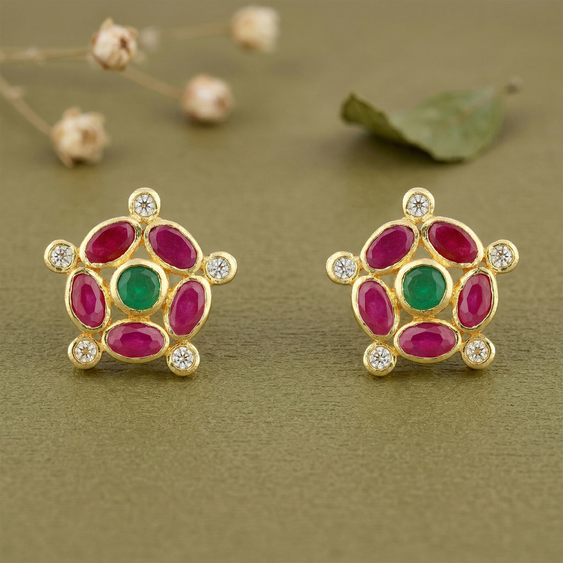 Vintage Pink Green Stone Cluster Statement 925 Sterling Silver Stud for women