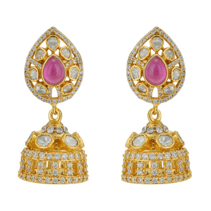 Vintage Pink Stone Polki Jhumka 925 Earrings