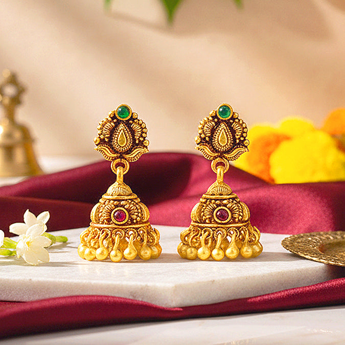 Vintage Temple Style 925 Sterling Silver Gold Drop Jhumka for Women