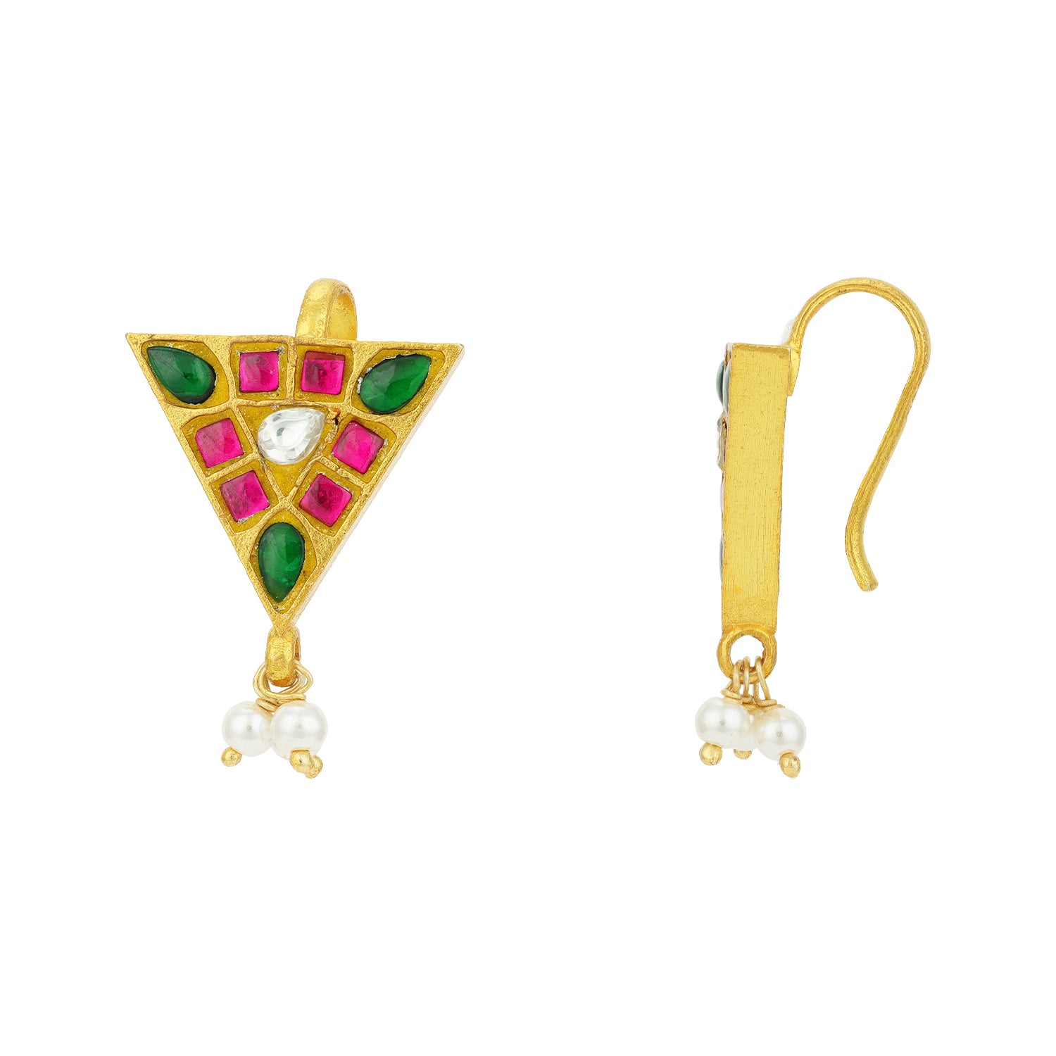 Vintage Triangle Pink Green Stone 925 Sterling Silver Pearl Drop Gold Plated Bugadi Earrings for Women