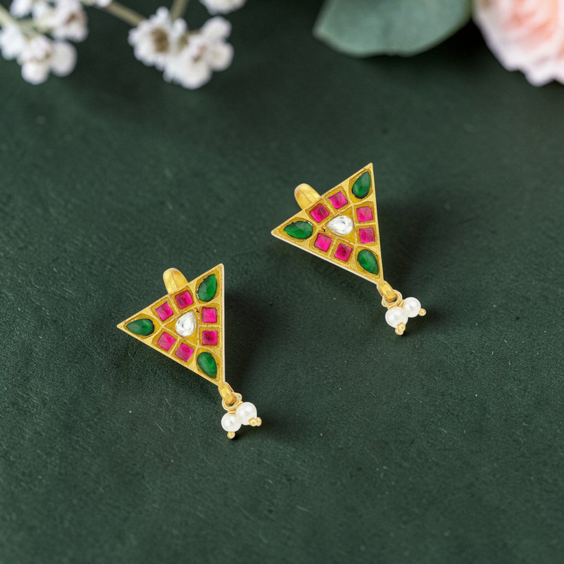 Vintage Triangle Pink Green Stone 925 Sterling Silver Pearl Drop Gold Plated Bugadi Earrings for Women