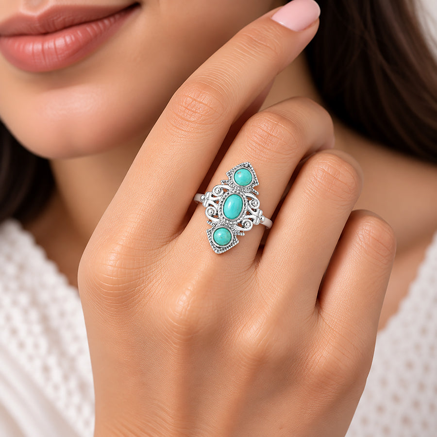 Vintage Triple Turquoise Ornate 925 Sterling Silver Ring for Women