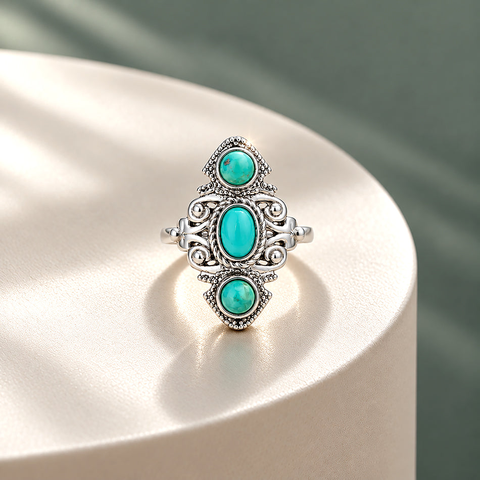 Vintage Triple Turquoise Ornate 925 Sterling Silver Ring for Women