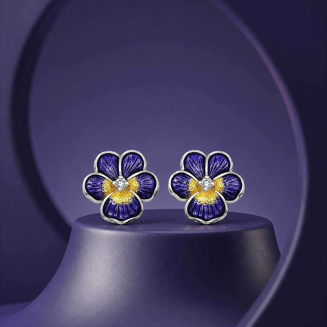 Violet Pansy Flower Rhodium Plated 925 Sterling Silver Studs