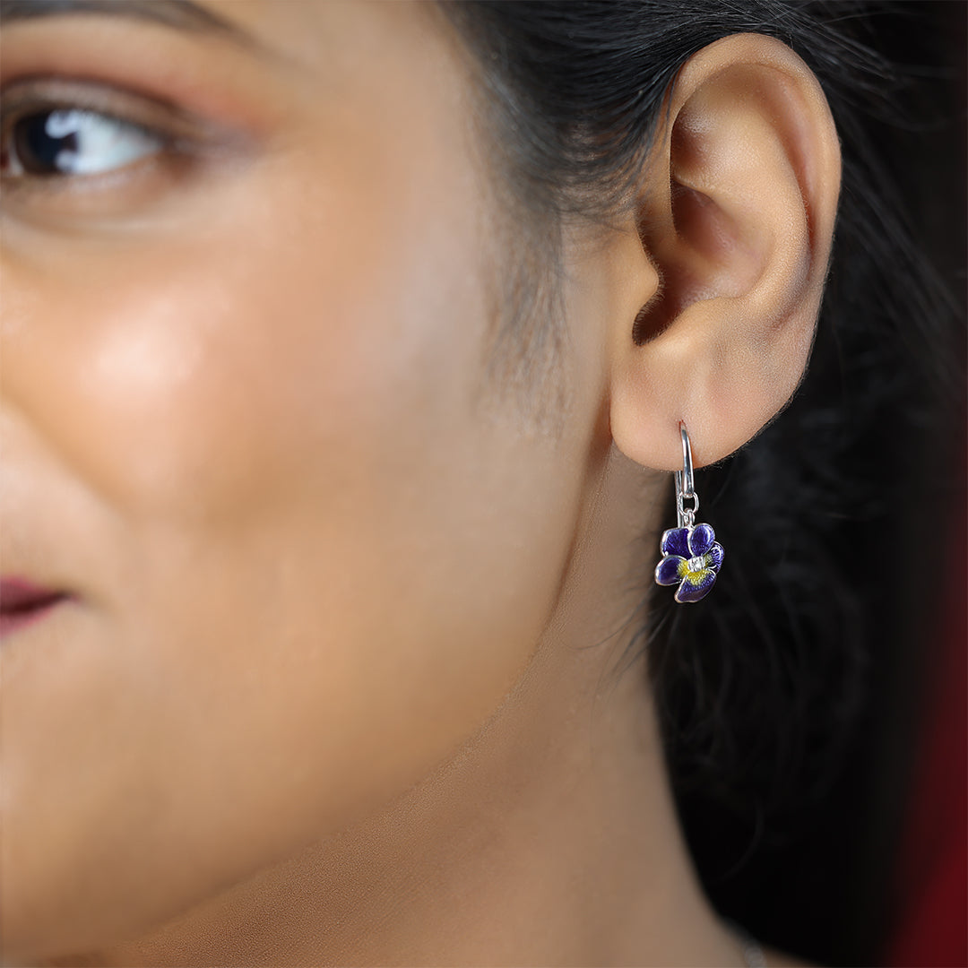 Violet Pansy Flower Rhodium Plated 925 Sterling Silver Earrings Modal 