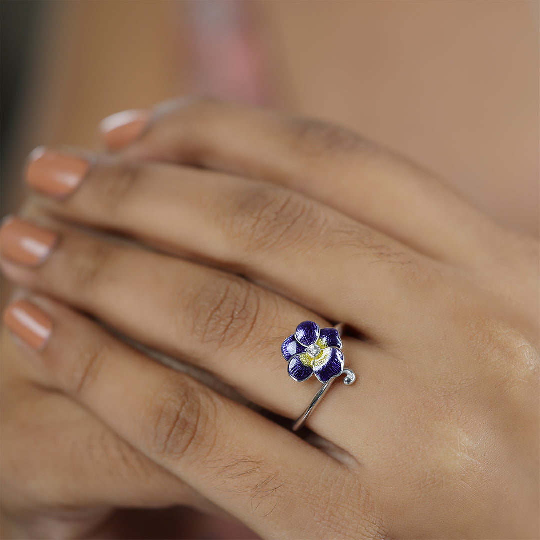 Violet Pansy Flower Rhodium Plated 925 Sterling Silver Rings - Modal