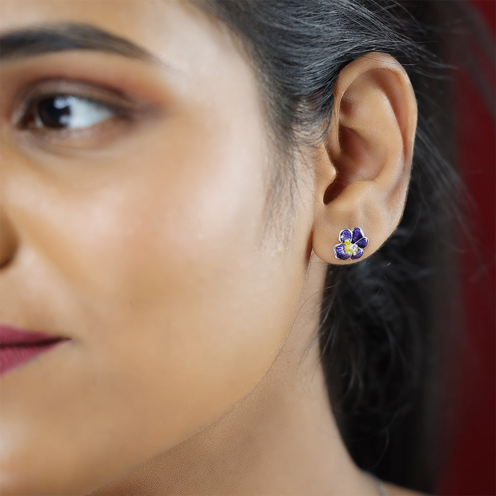 Violet Pansy Flower Rhodium Plated 925 Sterling Silver Studs - Modal