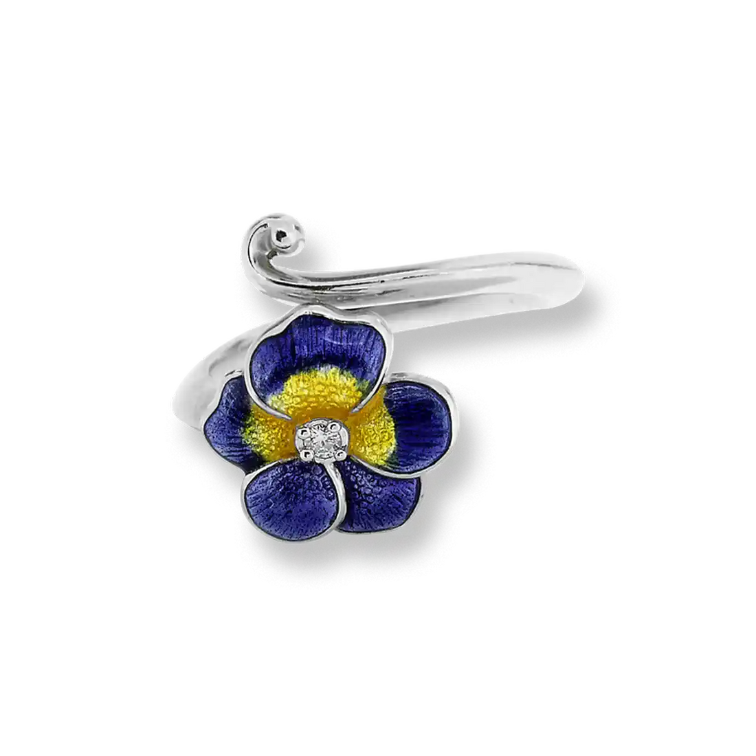 Violet Pansy Flower Rhodium Plated Silver Rings