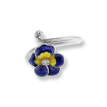 Violet Pansy Flower Rhodium Plated Silver Rings
