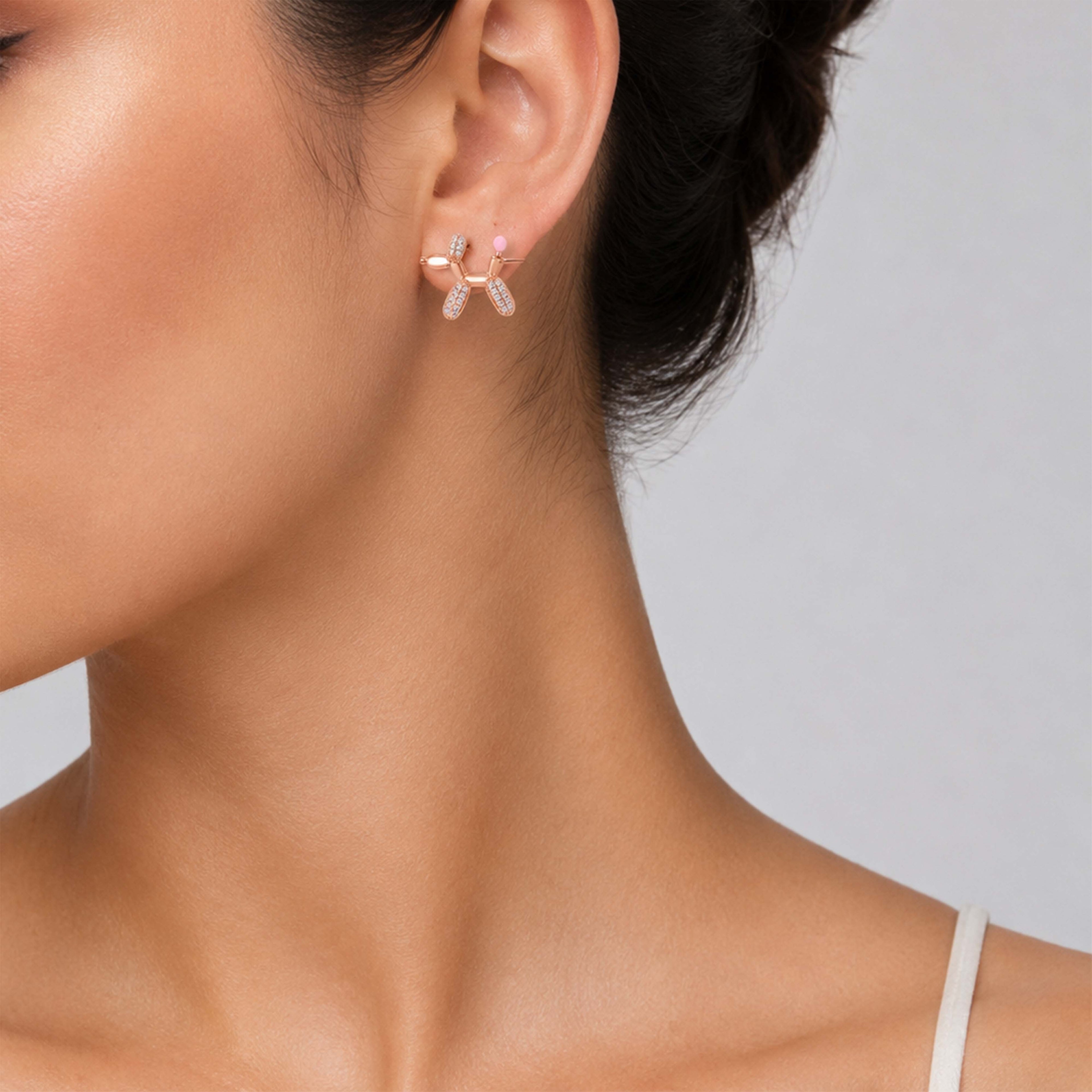 Whimsical Balloon Dog Crystal Rose Gold Designer Earrings