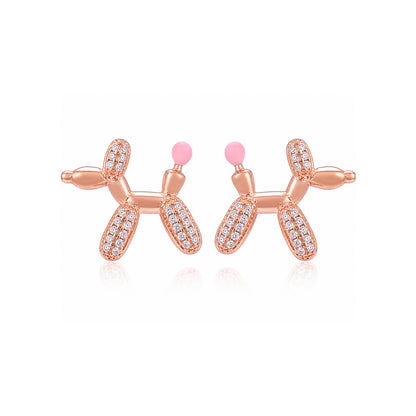 Whimsical Balloon Dog Crystal Rose Gold Designer Earrings